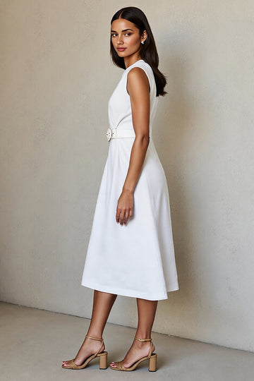V-Neck Work White A Line Dress with Belt